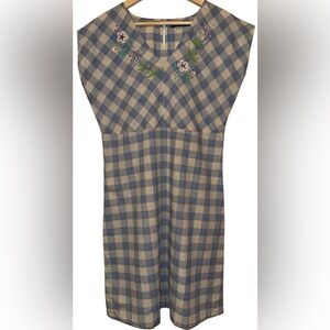 Gudrun Sjoden 100% Organic Cotton Dusty Blue Gingham Dress Size M Embroidered